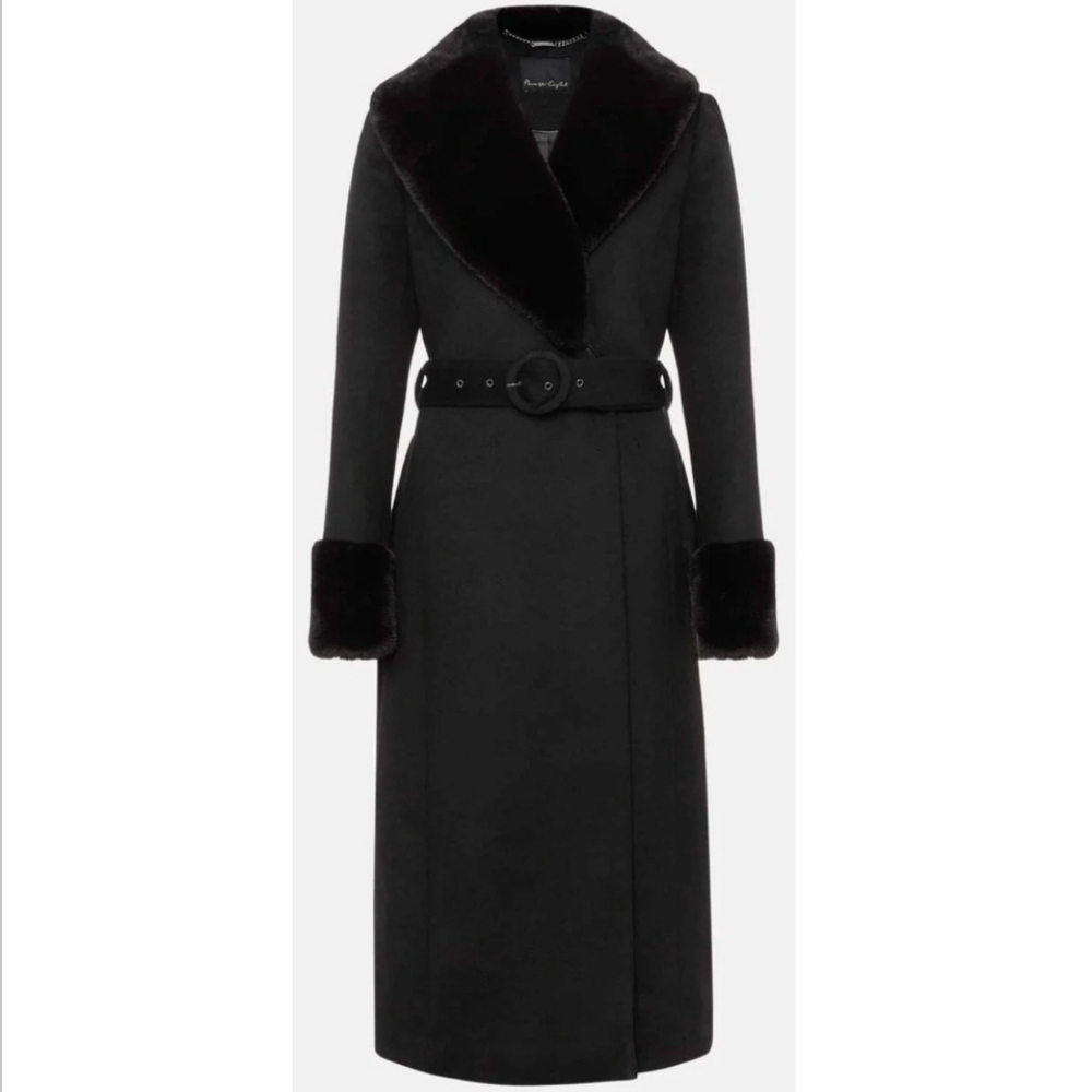 Phase Eight Zylah Faux Fur Collar Wool Long Coat Black Plus Size - US 22 to 24 - Picture 2 of 6